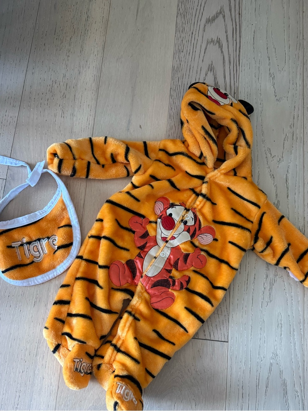 Disney Tigger Plush Hooded One-Piece Romper with Bib - Orange Tiger Stripe